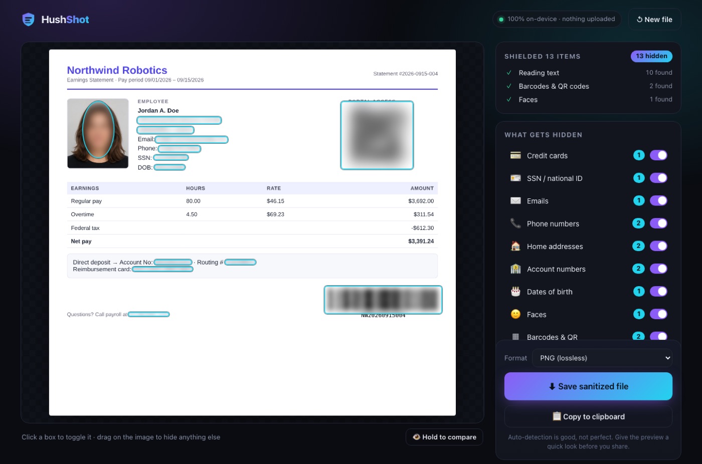 HushShot workspace: the redacted pay stub on the left, the scan results, category switches, style controls and Save button on the right